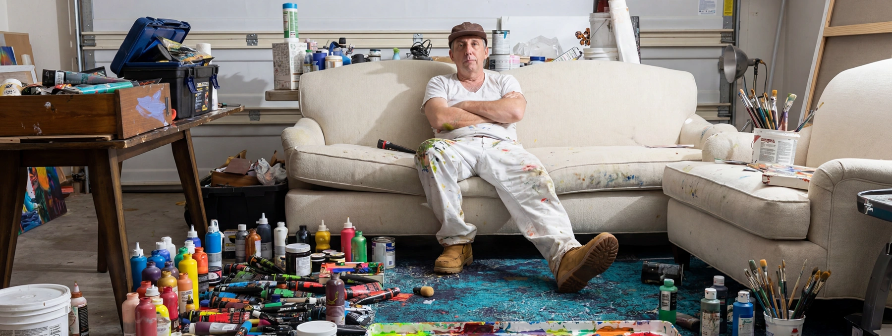 Karl Lubbering seated on a couch in his garage studio, surrounded by paint.